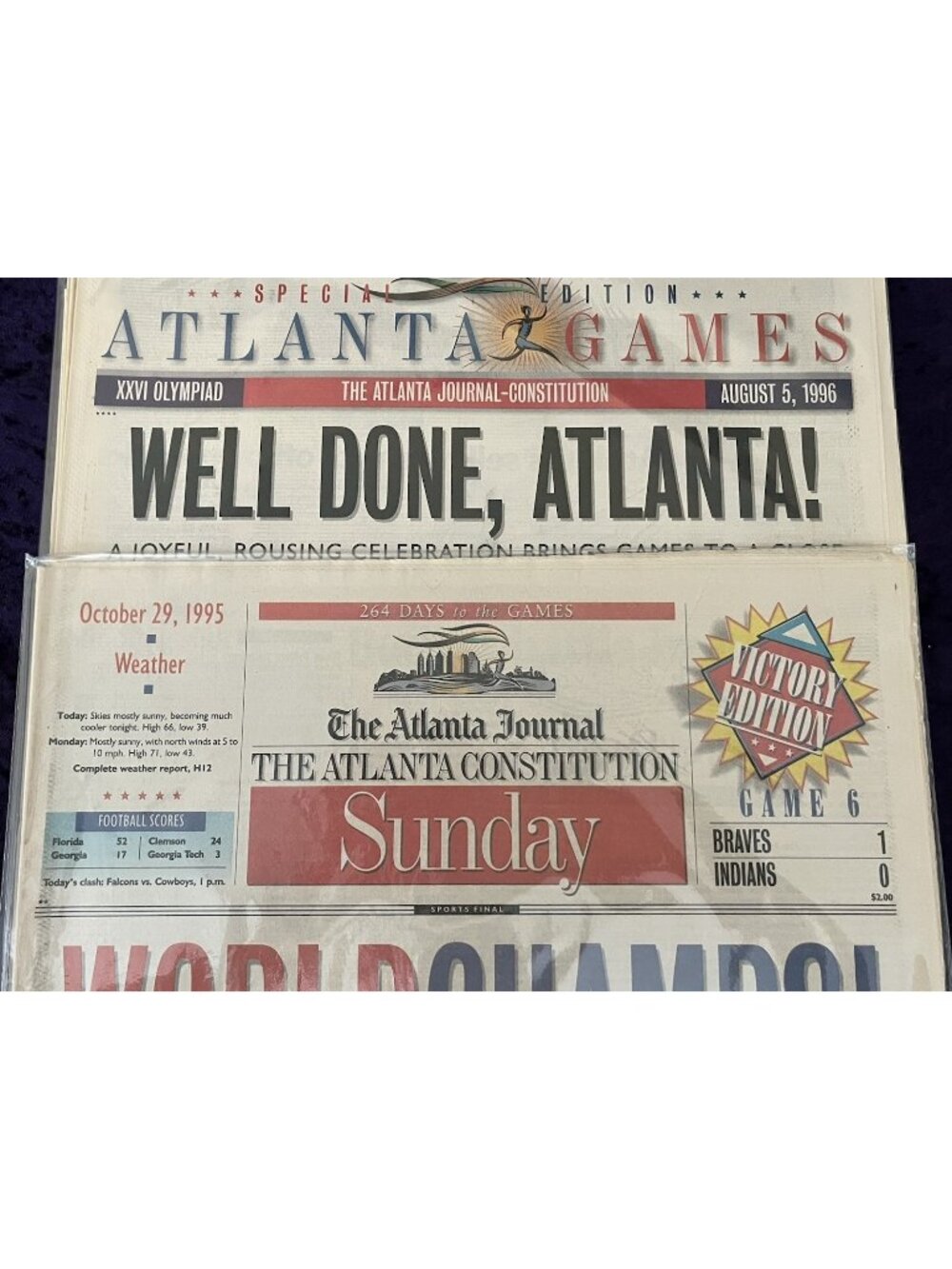 Atlanta Journal Newspaper Braves World Champs Oct 29 1995 & Games August 5 1996